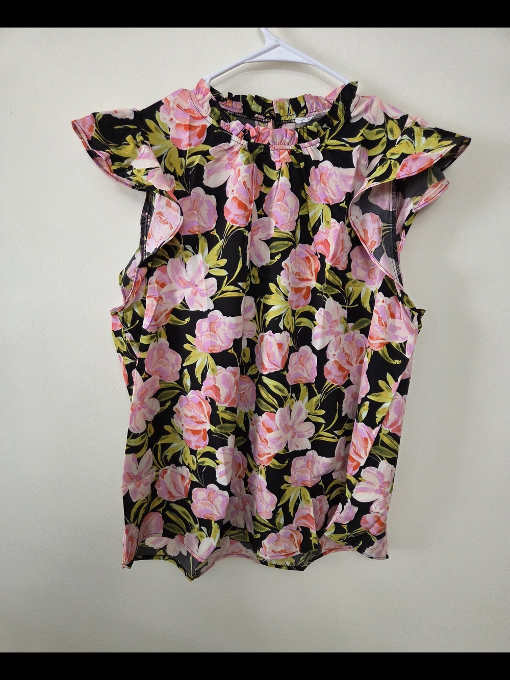 Emily Wonder Floral Ruffle Neck Sleeveless Blouse - Pink on Black-Various